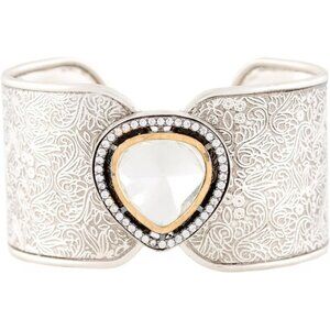 Women's Silver Kundan Crystal Wide Statement Handmade Sterling Cuff Bracelet